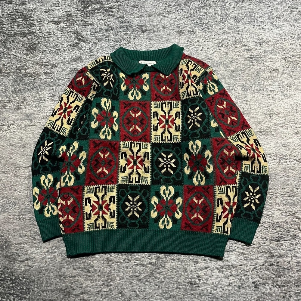 Vintage‎ 90s Alfred Dunner Sweater Size Small Red Green USA Acrylic Grandpa Cozy